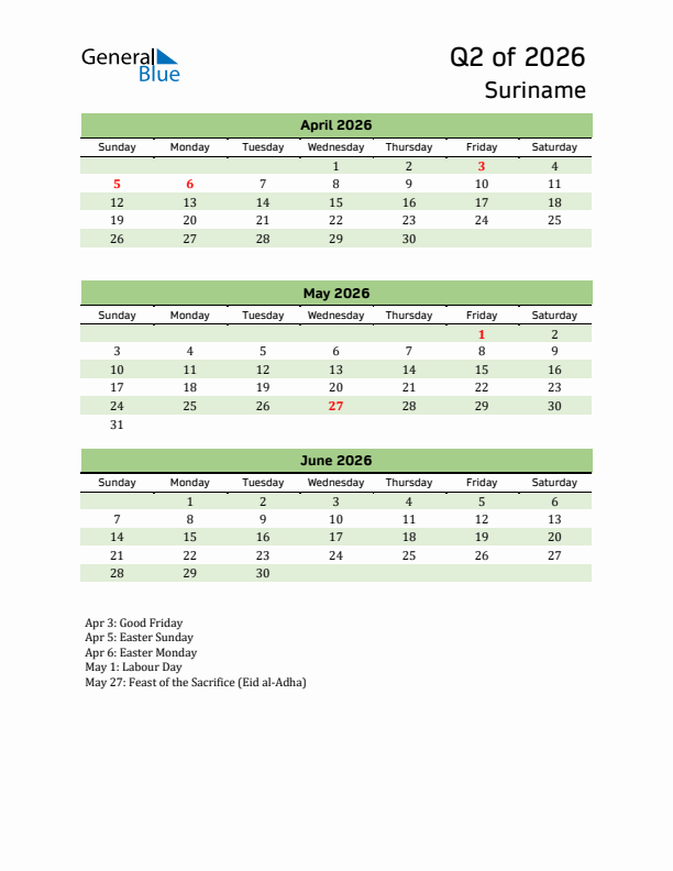 Quarterly Calendar 2026 with Suriname Holidays