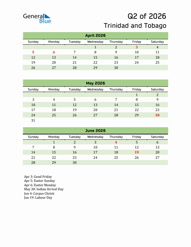 Quarterly Calendar 2026 with Trinidad and Tobago Holidays