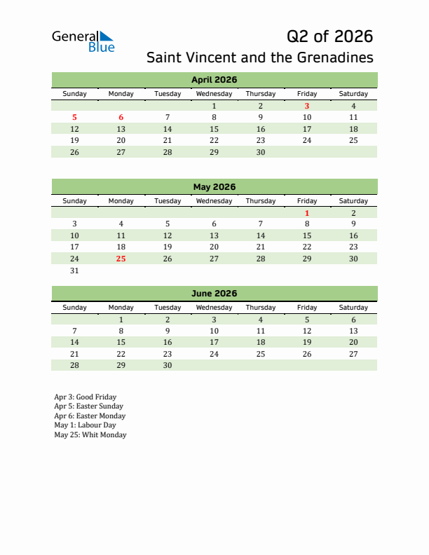 Quarterly Calendar 2026 with Saint Vincent and the Grenadines Holidays