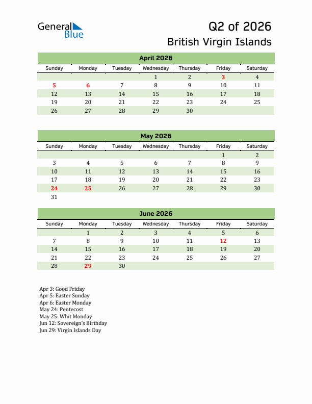 Quarterly Calendar 2026 with British Virgin Islands Holidays