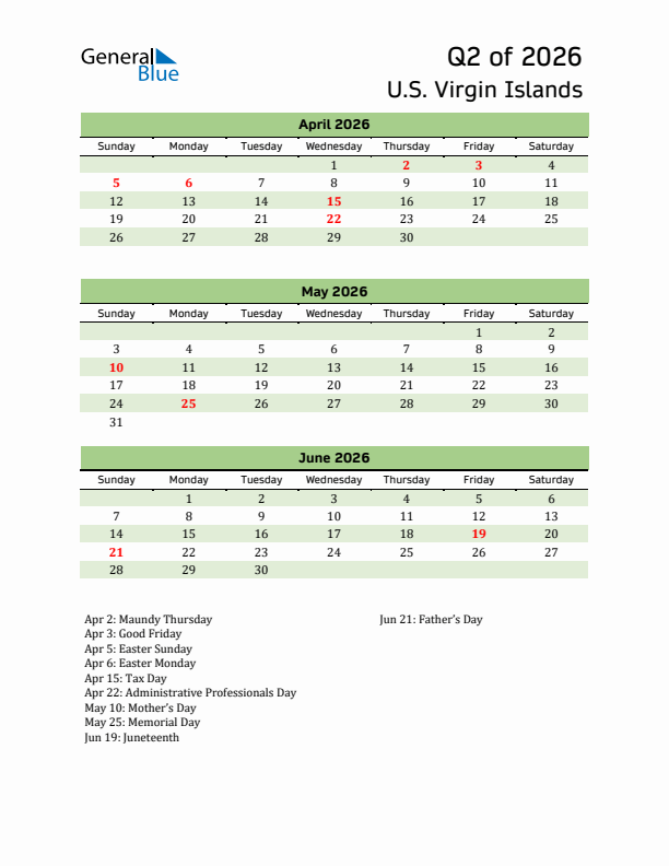 Quarterly Calendar 2026 with U.S. Virgin Islands Holidays
