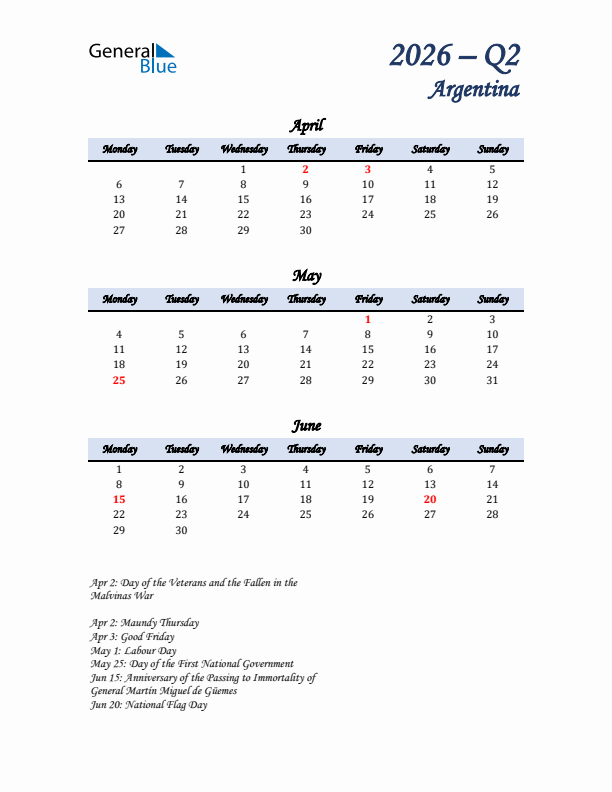 April, May, and June Calendar for Argentina with Monday Start