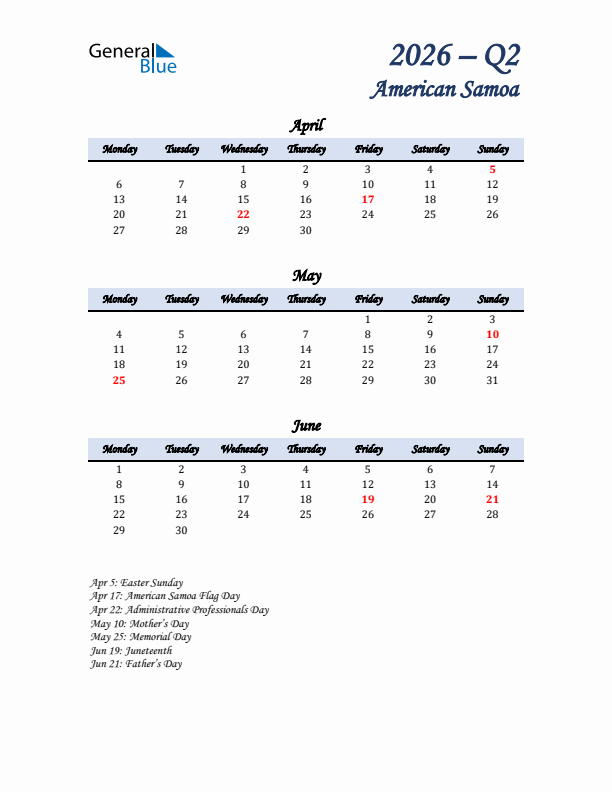 April, May, and June Calendar for American Samoa with Monday Start