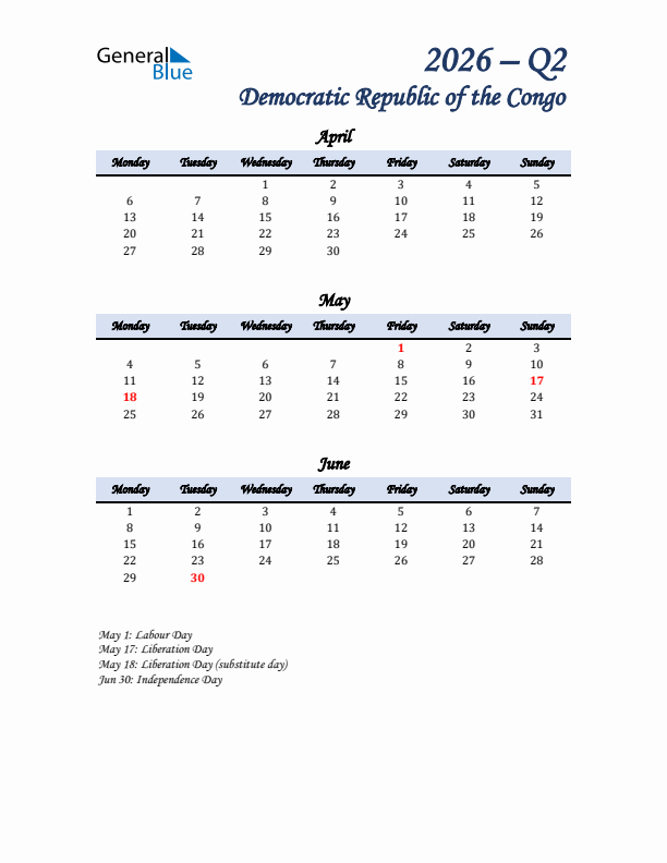April, May, and June Calendar for Democratic Republic of the Congo with Monday Start