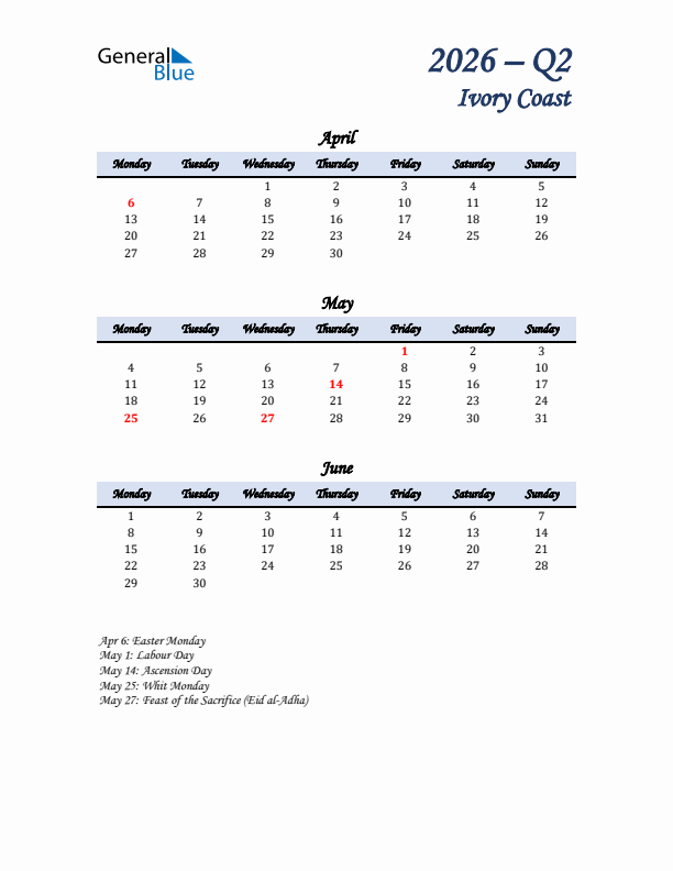 April, May, and June Calendar for Ivory Coast with Monday Start