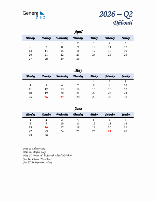 April, May, and June Calendar for Djibouti with Monday Start