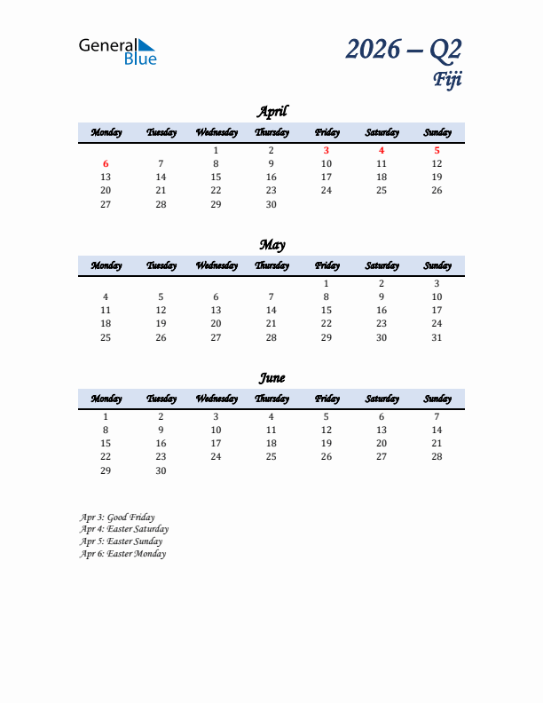 April, May, and June Calendar for Fiji with Monday Start