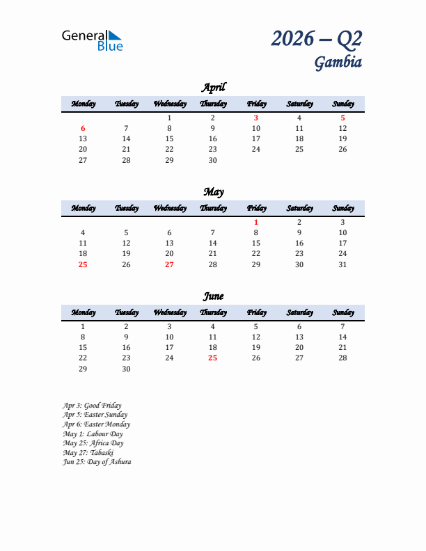 April, May, and June Calendar for Gambia with Monday Start