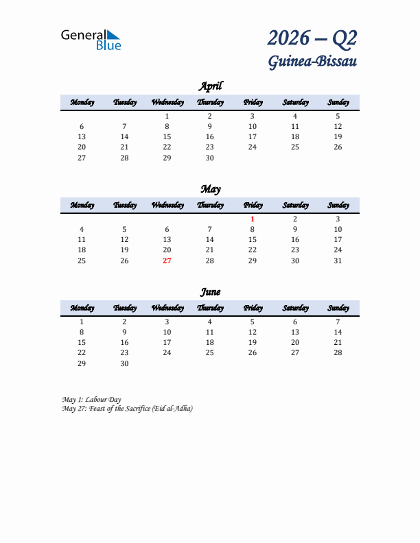 April, May, and June Calendar for Guinea-Bissau with Monday Start