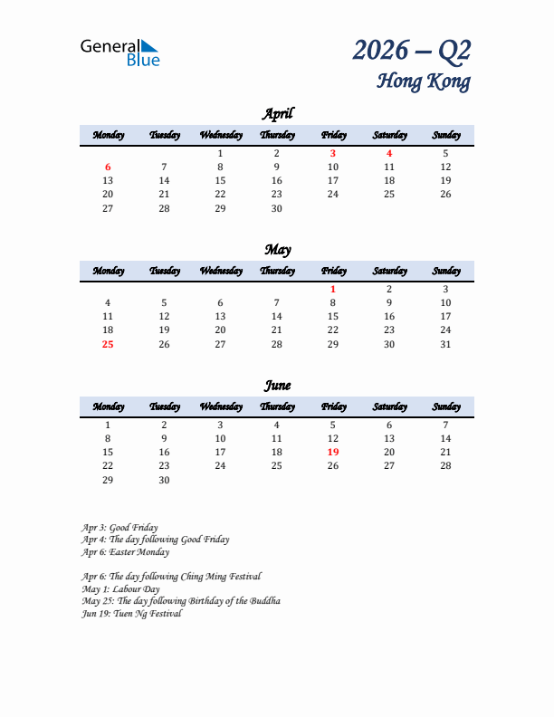 April, May, and June Calendar for Hong Kong with Monday Start
