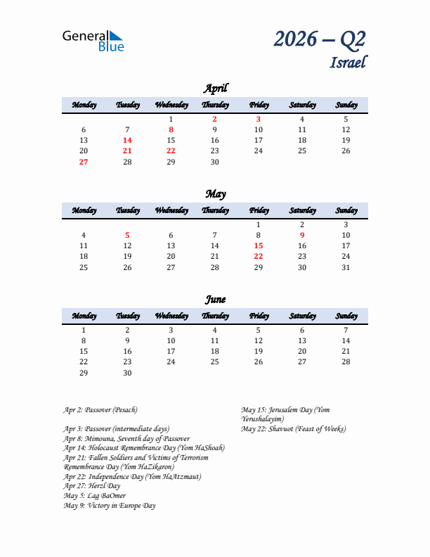 April, May, and June Calendar for Israel with Monday Start