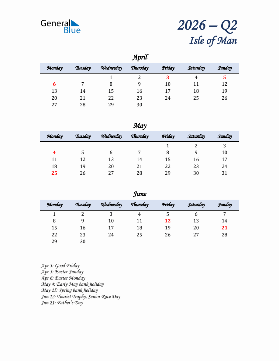 April, May, and June Calendar for Isle of Man with Monday Start