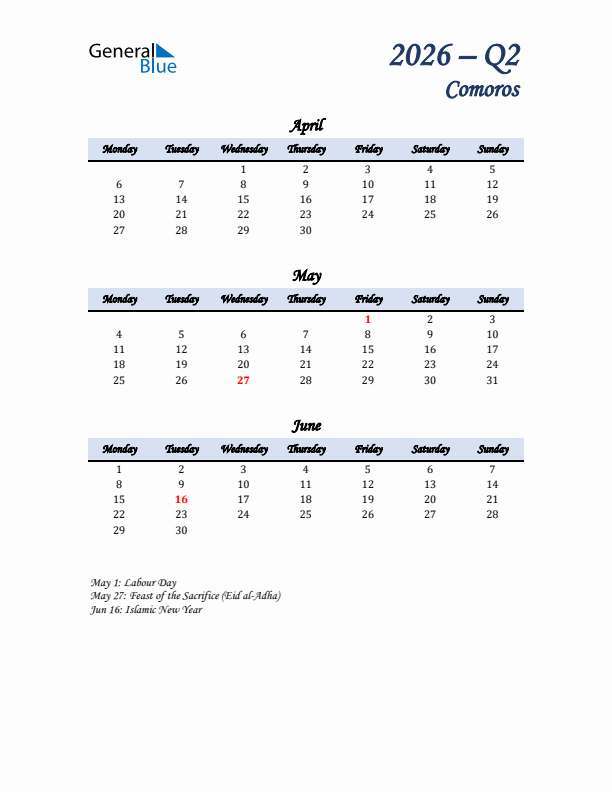 April, May, and June Calendar for Comoros with Monday Start