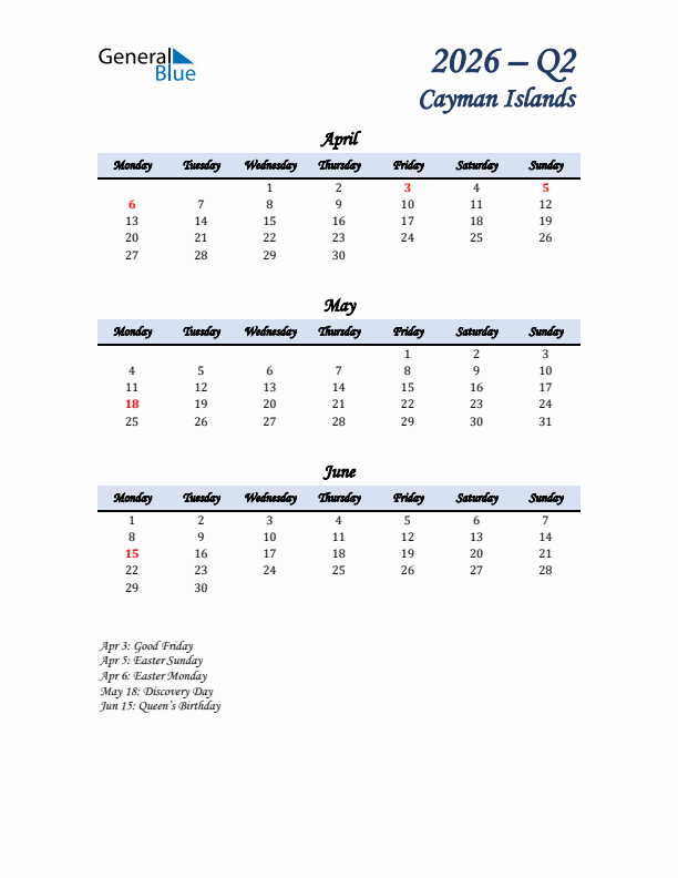 April, May, and June Calendar for Cayman Islands with Monday Start