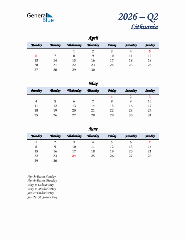 April, May, and June Calendar for Lithuania with Monday Start