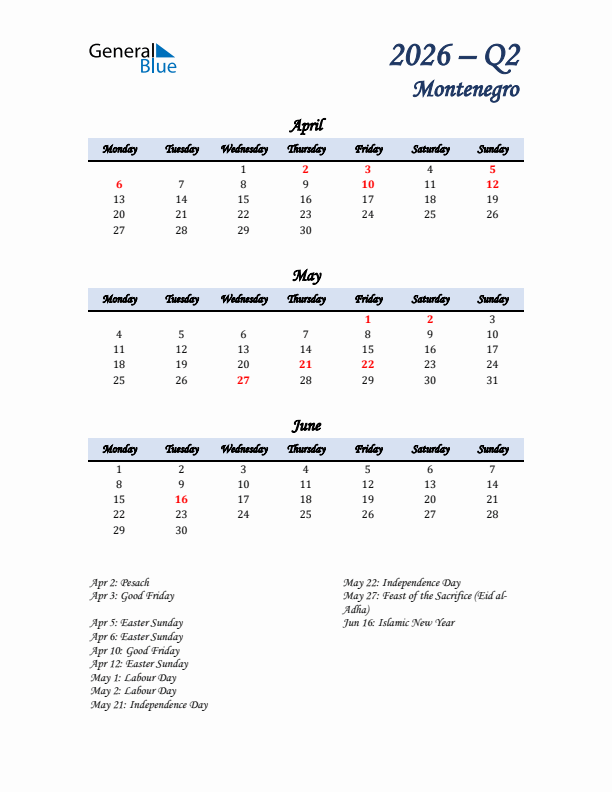 April, May, and June Calendar for Montenegro with Monday Start