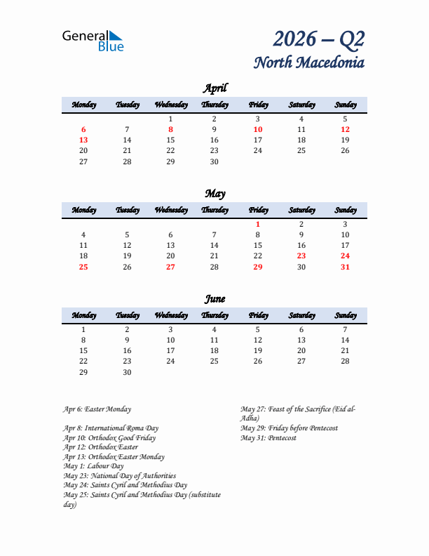April, May, and June Calendar for North Macedonia with Monday Start