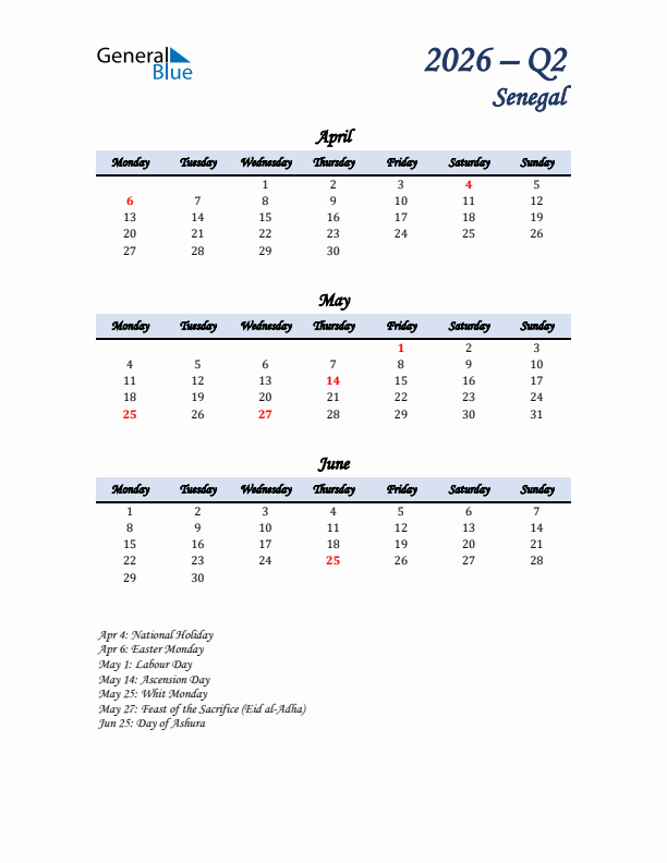 April, May, and June Calendar for Senegal with Monday Start