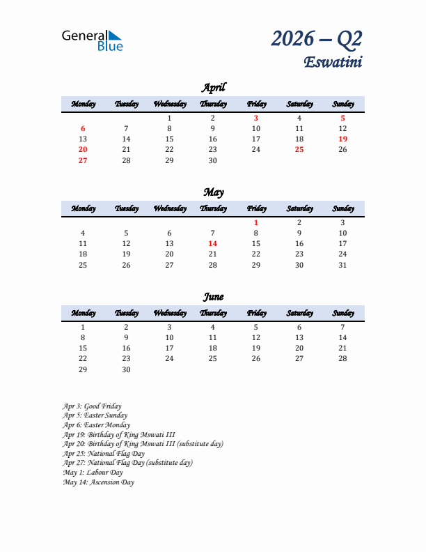April, May, and June Calendar for Eswatini with Monday Start