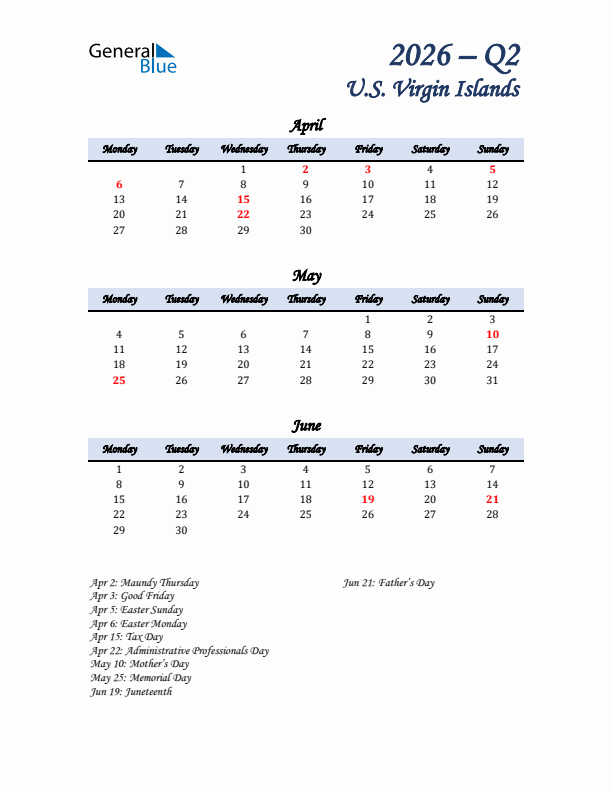 April, May, and June Calendar for U.S. Virgin Islands with Monday Start