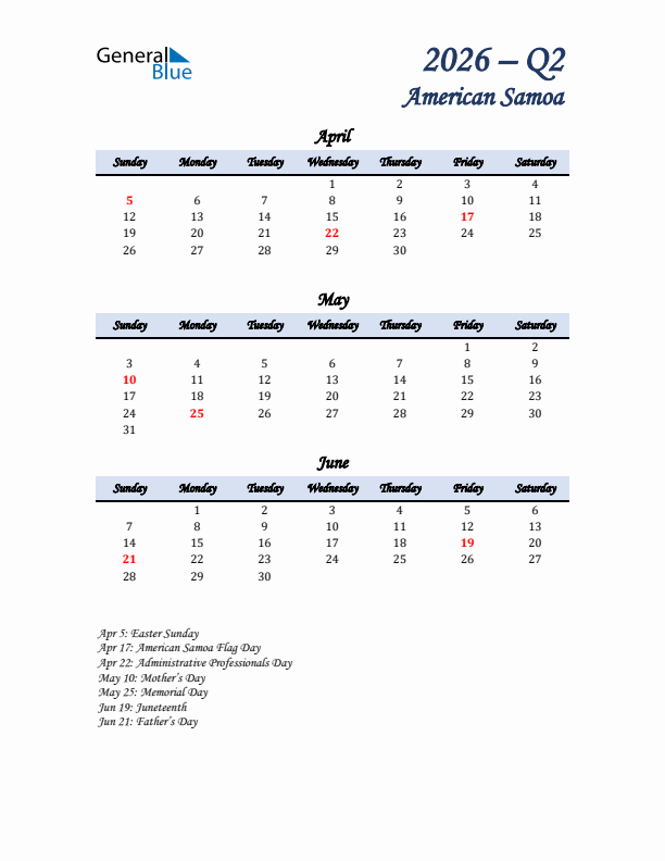 April, May, and June Calendar for American Samoa with Sunday Start