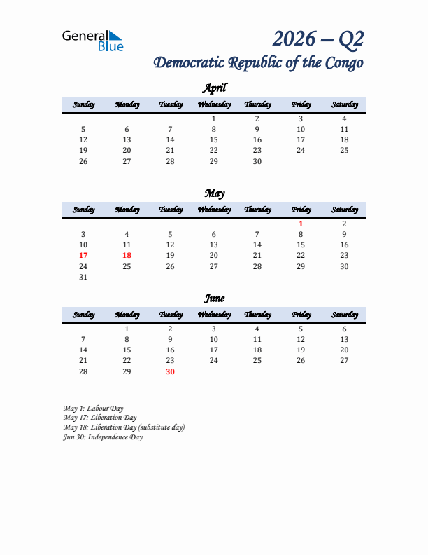 April, May, and June Calendar for Democratic Republic of the Congo with Sunday Start