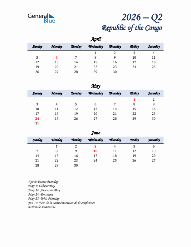 April, May, and June Calendar for Republic of the Congo with Sunday Start