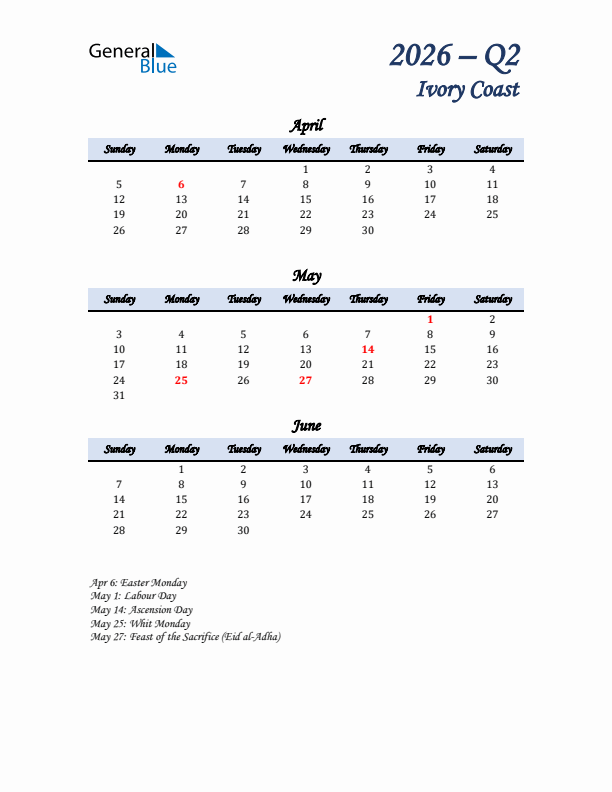 April, May, and June Calendar for Ivory Coast with Sunday Start