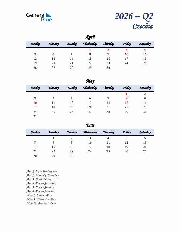 April, May, and June Calendar for Czechia with Sunday Start