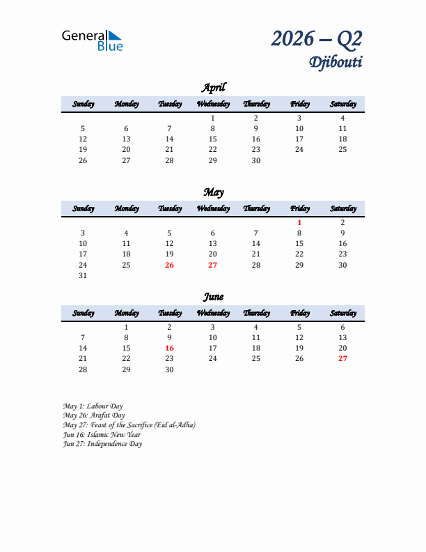 April, May, and June Calendar for Djibouti with Sunday Start