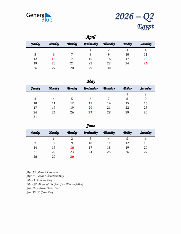 April, May, and June Calendar for Egypt with Sunday Start