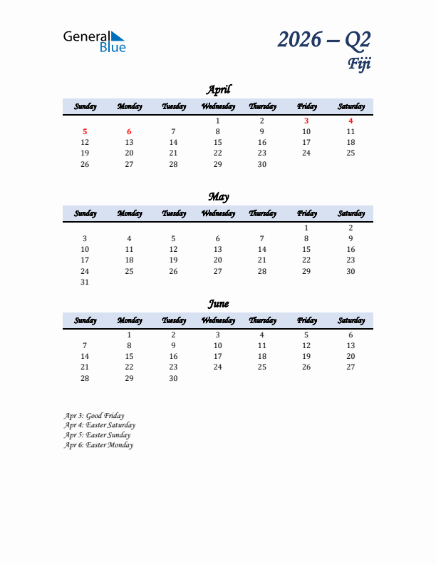 April, May, and June Calendar for Fiji with Sunday Start