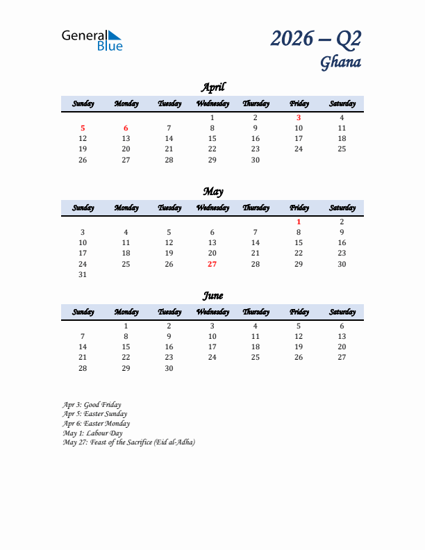 April, May, and June Calendar for Ghana with Sunday Start