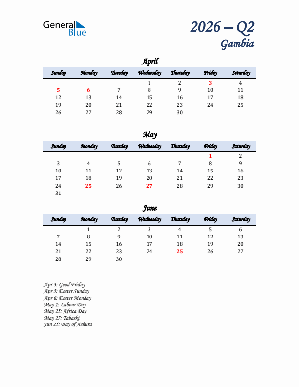 April, May, and June Calendar for Gambia with Sunday Start