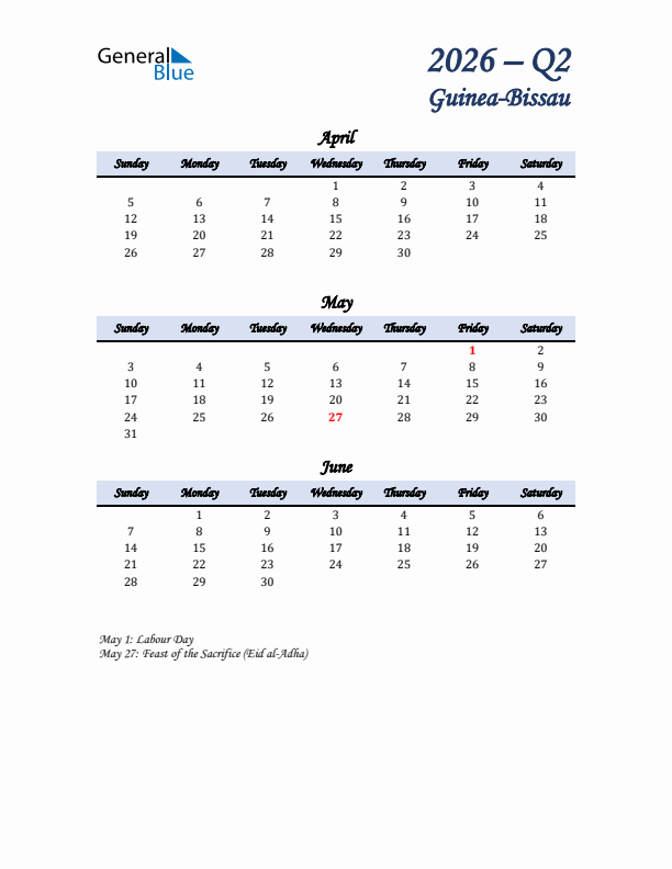 April, May, and June Calendar for Guinea-Bissau with Sunday Start