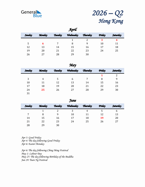 April, May, and June Calendar for Hong Kong with Sunday Start