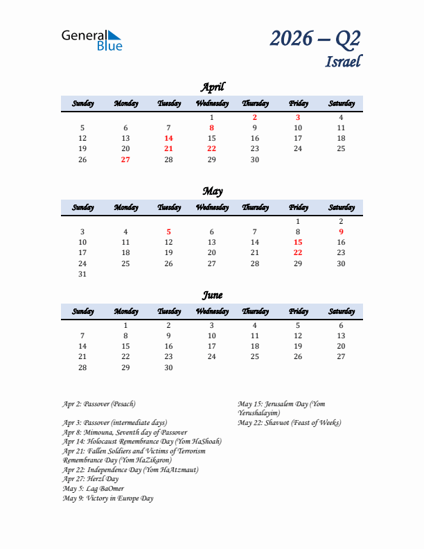April, May, and June Calendar for Israel with Sunday Start
