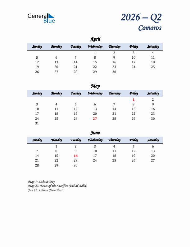 April, May, and June Calendar for Comoros with Sunday Start