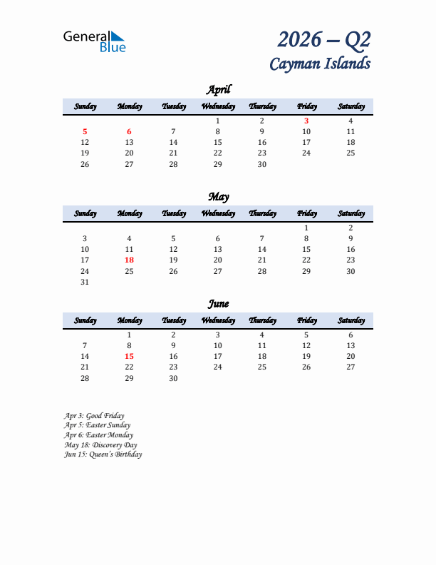 April, May, and June Calendar for Cayman Islands with Sunday Start
