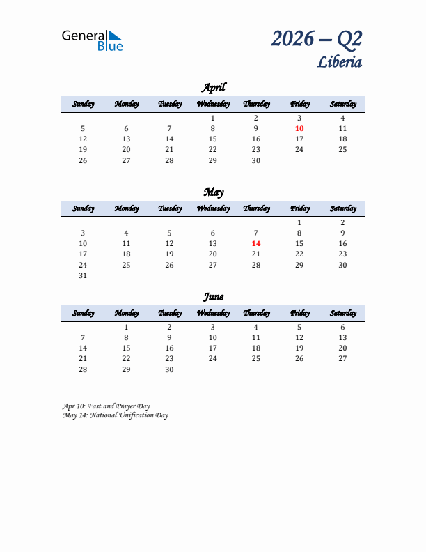 April, May, and June Calendar for Liberia with Sunday Start