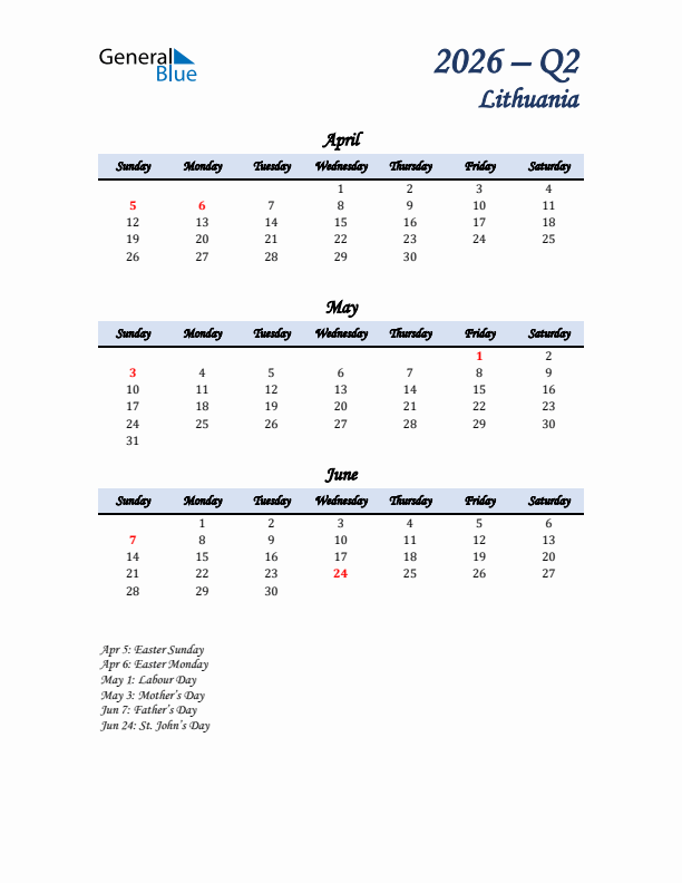 April, May, and June Calendar for Lithuania with Sunday Start
