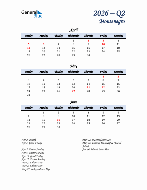 April, May, and June Calendar for Montenegro with Sunday Start