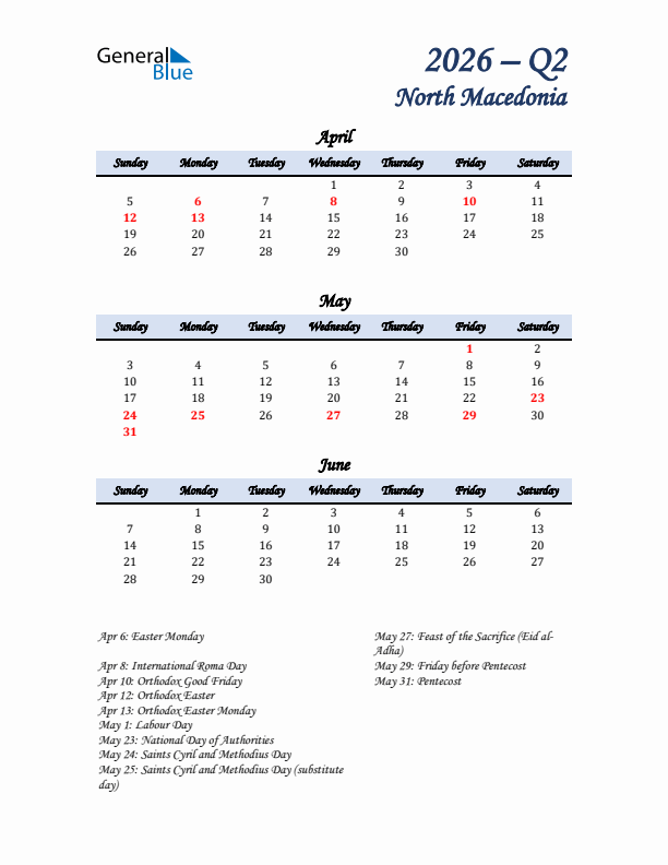 April, May, and June Calendar for North Macedonia with Sunday Start