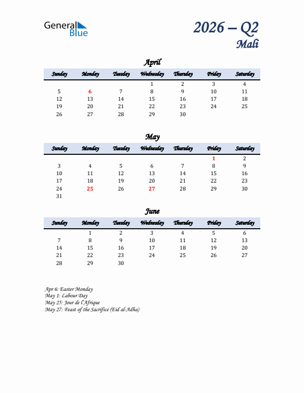 April, May, and June Calendar for Mali with Sunday Start
