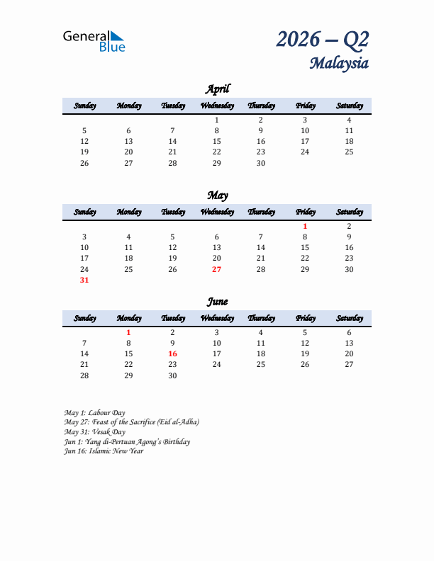 April, May, and June Calendar for Malaysia with Sunday Start