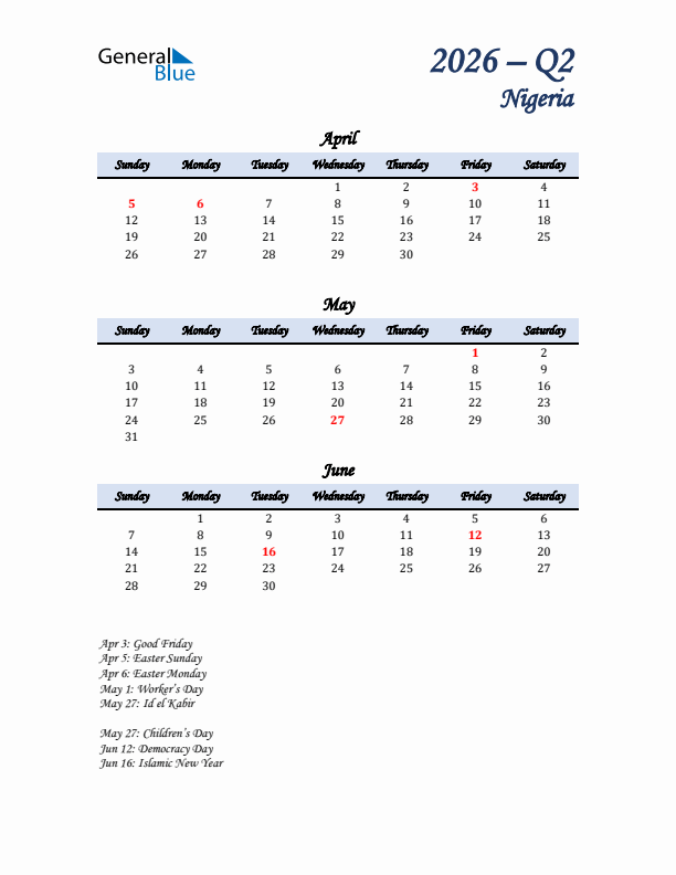 April, May, and June Calendar for Nigeria with Sunday Start