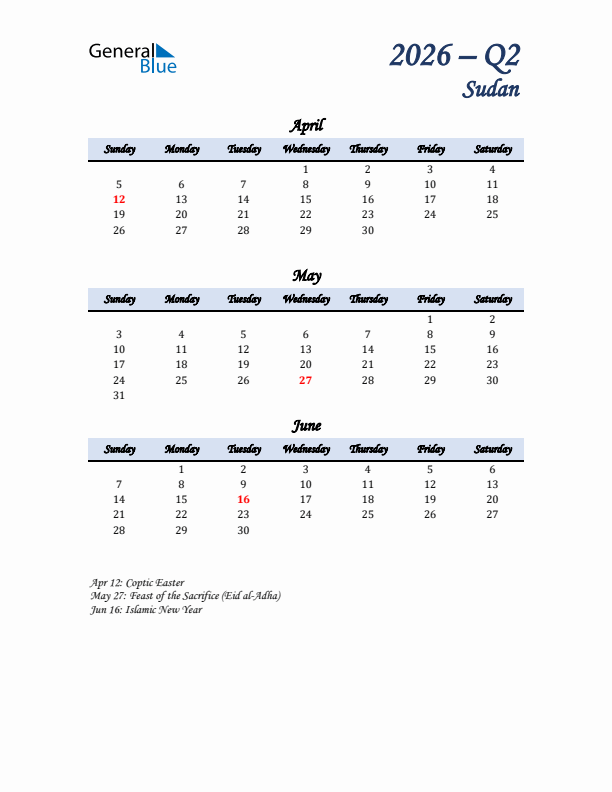 April, May, and June Calendar for Sudan with Sunday Start