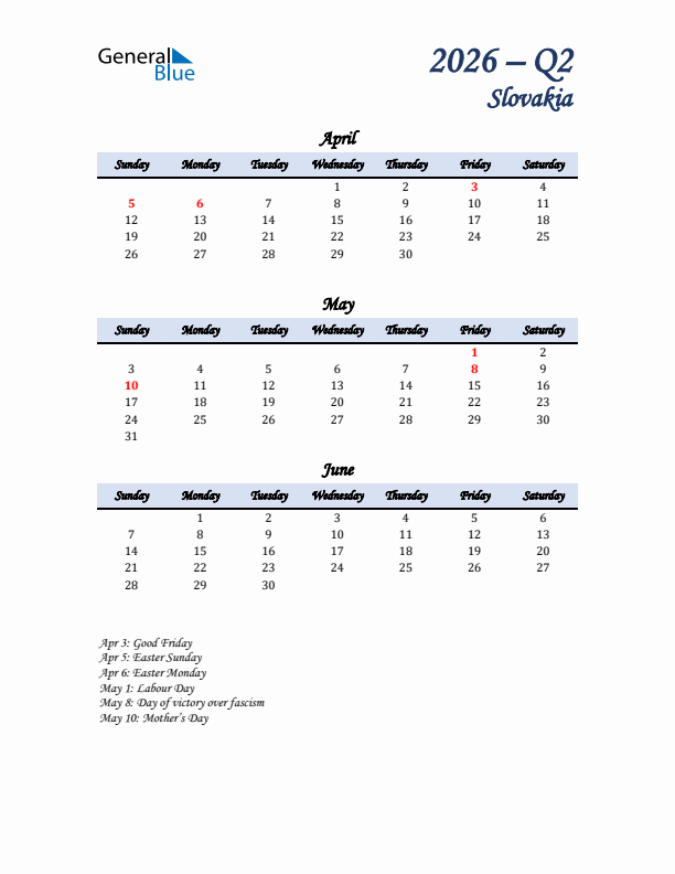 April, May, and June Calendar for Slovakia with Sunday Start