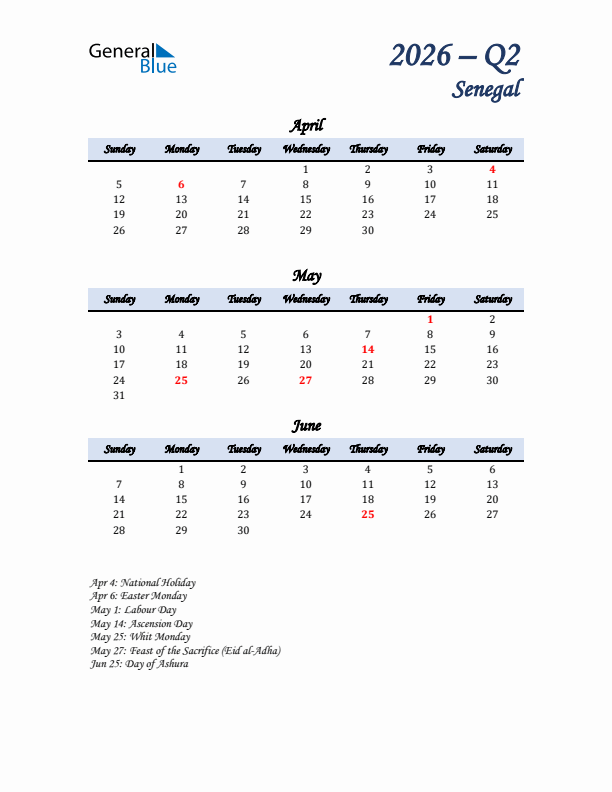 April, May, and June Calendar for Senegal with Sunday Start