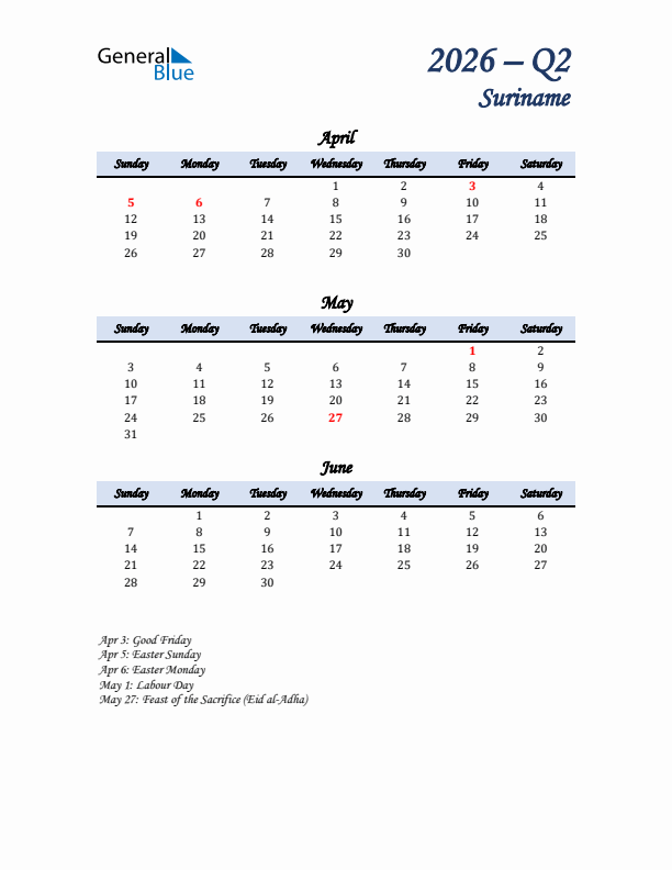 April, May, and June Calendar for Suriname with Sunday Start